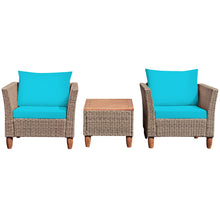 Load image into Gallery viewer, Gymax 3PCS Rattan Patio Conversation Furniture Set w Wooden Feet Turquoise Cushions