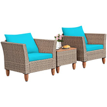 Load image into Gallery viewer, Gymax 3PCS Rattan Patio Conversation Furniture Set w Wooden Feet Turquoise Cushions