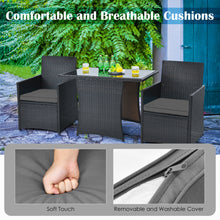 Load image into Gallery viewer, Gymax 3PCS Patio Wicker Bistro Set PE Rattan Dining Table Set w Grey Cushions