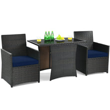 Load image into Gallery viewer, Gymax 3PCS Patio Wicker Bistro Set PE Rattan Dining Table Set w Navy Cushions