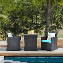 Load image into Gallery viewer, Gymax 3PCS Patio Wicker Bistro Set PE Rattan Dining Table Set w/ Turquoise Cushions