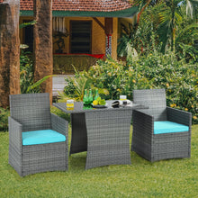 Load image into Gallery viewer, Gymax 3PCS Outdoor Rattan Conversation Set Patio Dining Table Set w/ Turquoise Cushions