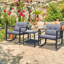 Load image into Gallery viewer, Gymax 3PCS Rattan Rocking Chair Table Set Patio Furniture Set w/ Grey Cushions