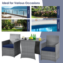 Load image into Gallery viewer, Gymax 3PCS Outdoor Rattan Conversation Set Patio Dining Table Set w/ Navy Cushions