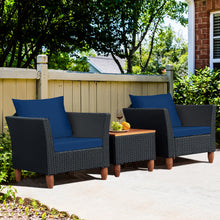 Load image into Gallery viewer, Gymax 3PCS Patio Rattan Conversation Furniture Set Yard Outdoor w/ Navy Cushions
