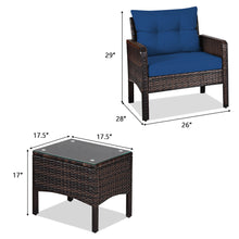 Load image into Gallery viewer, Gymax 3PCS Rattan Patio Conversation Furniture Set Yard Outdoor w/ Navy Cushions