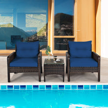 Load image into Gallery viewer, Gymax 3PCS Rattan Patio Conversation Furniture Set Yard Outdoor w/ Navy Cushions