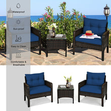 Load image into Gallery viewer, Gymax 3PCS Rattan Patio Conversation Furniture Set Yard Outdoor w/ Navy Cushions