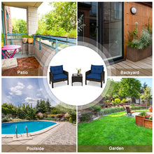 Load image into Gallery viewer, Gymax 3PCS Rattan Patio Conversation Furniture Set Yard Outdoor w/ Navy Cushions