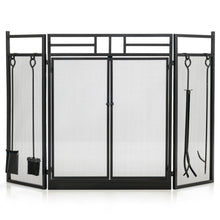 Load image into Gallery viewer, Gymax 3-Panel Folding Wrought Iron Fireplace Screen W/ Doors & 4 Pieces Tools Set