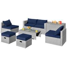 Load image into Gallery viewer, Gymax 8PCS Rattan Patio Space-Saving Furniture Set w/ Waterproof Cover & Navy Cushions