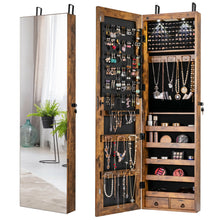 Load image into Gallery viewer, Gymax Mirrored Wall & Door Mounted Jewelry Storage Cabinet Organizer W/ Lights & Drawer Rustic Brown