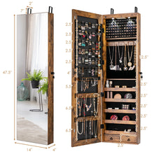Load image into Gallery viewer, Gymax Mirrored Wall & Door Mounted Jewelry Storage Cabinet Organizer W/ Lights & Drawer Rustic Brown