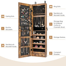 Load image into Gallery viewer, Gymax Mirrored Wall & Door Mounted Jewelry Storage Cabinet Organizer W/ Lights & Drawer Rustic Brown