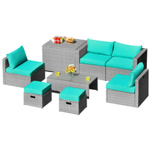 Load image into Gallery viewer, Gymax 8PCS Rattan Patio Space-Saving Furniture Set w/ Waterproof Cover & Turquoise Cushions