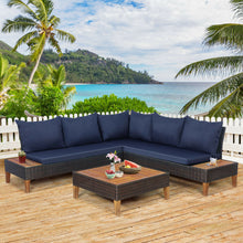 Load image into Gallery viewer, Gymax 4PCS Acacia Wood Patio Furniture Set Rattan Conversation Set w/ Navy Cushions