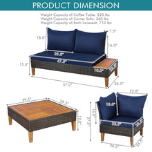 Load image into Gallery viewer, Gymax 4PCS Acacia Wood Patio Furniture Set Rattan Conversation Set w/ Navy Cushions