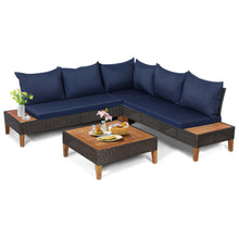 Load image into Gallery viewer, Gymax 4PCS Acacia Wood Patio Furniture Set Rattan Conversation Set w/ Navy Cushions