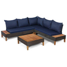 Load image into Gallery viewer, Gymax 4PCS Acacia Wood Patio Furniture Set Rattan Conversation Set w/ Navy Cushions