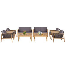 Load image into Gallery viewer, Gymax 8PCS Patio Conversation Acacia Wood Furniture Set PE Rattan Conversation Set w/ Grey Cushions
