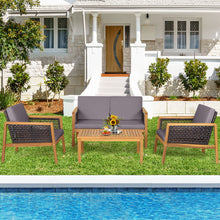 Load image into Gallery viewer, Gymax 8PCS Patio Conversation Acacia Wood Furniture Set PE Rattan Conversation Set w/ Grey Cushions