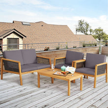 Load image into Gallery viewer, Gymax 8PCS Patio Conversation Acacia Wood Furniture Set PE Rattan Conversation Set w/ Grey Cushions