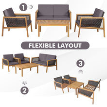 Load image into Gallery viewer, Gymax 8PCS Patio Conversation Acacia Wood Furniture Set PE Rattan Conversation Set w/ Grey Cushions