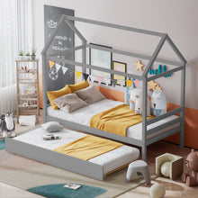 Load image into Gallery viewer, Gymax Twin House Bed Frame w/ Trundle Roof Wooden Platform Mattress Foundation
