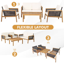 Load image into Gallery viewer, Gymax 8PCS Patio Acacia Wood Furniture Set PE Rattan Conversation Set w/ Off White Cushions