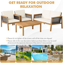 Load image into Gallery viewer, Gymax 4PCS Patio Acacia Wood Furniture Set PE Rattan Conversation Set w/ Off White Cushions