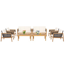 Load image into Gallery viewer, Gymax 8PCS Patio Acacia Wood Furniture Set PE Rattan Conversation Set w/ Off White Cushions