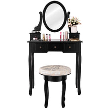 Load image into Gallery viewer, Gymax Black Makeup Table Vanity Table Set Cushioned Stool Mirror 5 Drawers