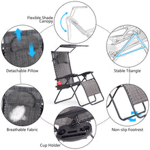 Load image into Gallery viewer, Gymax Folding Recliner Zero Gravity Lounge Chair W/ Shade Canopy Cup Holder Gray