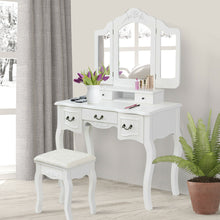 Load image into Gallery viewer, Gymax Bedroom Makeup Vanity Dressing Table Set With Stool Tri-folding 5 Drawers