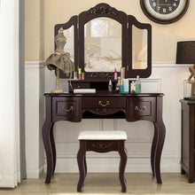 Load image into Gallery viewer, Gymax Bedroom Makeup Vanity Dressing Table Set With Stool Tri-folding 5 Drawers