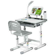 Load image into Gallery viewer, Gymax Height Adjustable Kids Desk Chair Set Study Drawing w/Lamp & Bookstand Gray
