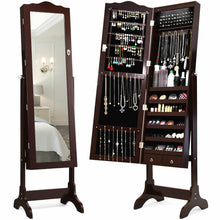 Load image into Gallery viewer, Gymax Mirrored Jewelry Cabinet Armoire Storage Organizer w/Drawer & Led Lights Brown