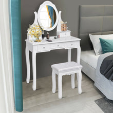 Load image into Gallery viewer, Gymax Bedroom Wooden Mirrored Makeup Vanity Set Stool Table Set White 5 Drawers