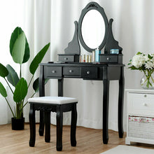 Load image into Gallery viewer, Gymax Vanity Jewelry Wooden Makeup Dressing Table Set W/Stool Mirror & 5 Drawers Black