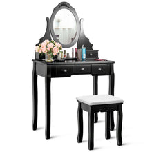 Load image into Gallery viewer, Gymax Vanity Jewelry Wooden Makeup Dressing Table Set W/Stool Mirror & 5 Drawers Black
