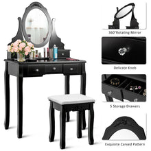 Load image into Gallery viewer, Gymax Vanity Jewelry Wooden Makeup Dressing Table Set W/Stool Mirror & 5 Drawers Black
