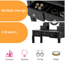 Load image into Gallery viewer, Gymax Vanity Jewelry Wooden Makeup Dressing Table Set W/Stool Mirror & 5 Drawers Black