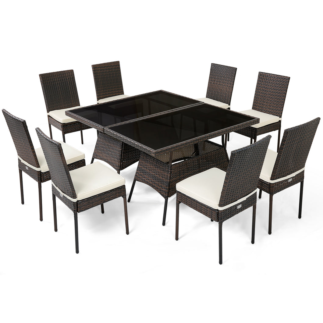 Gymax 10 PCS Rattan Dining Set with  Glass Table & High Back Chair Patio Mix Brown