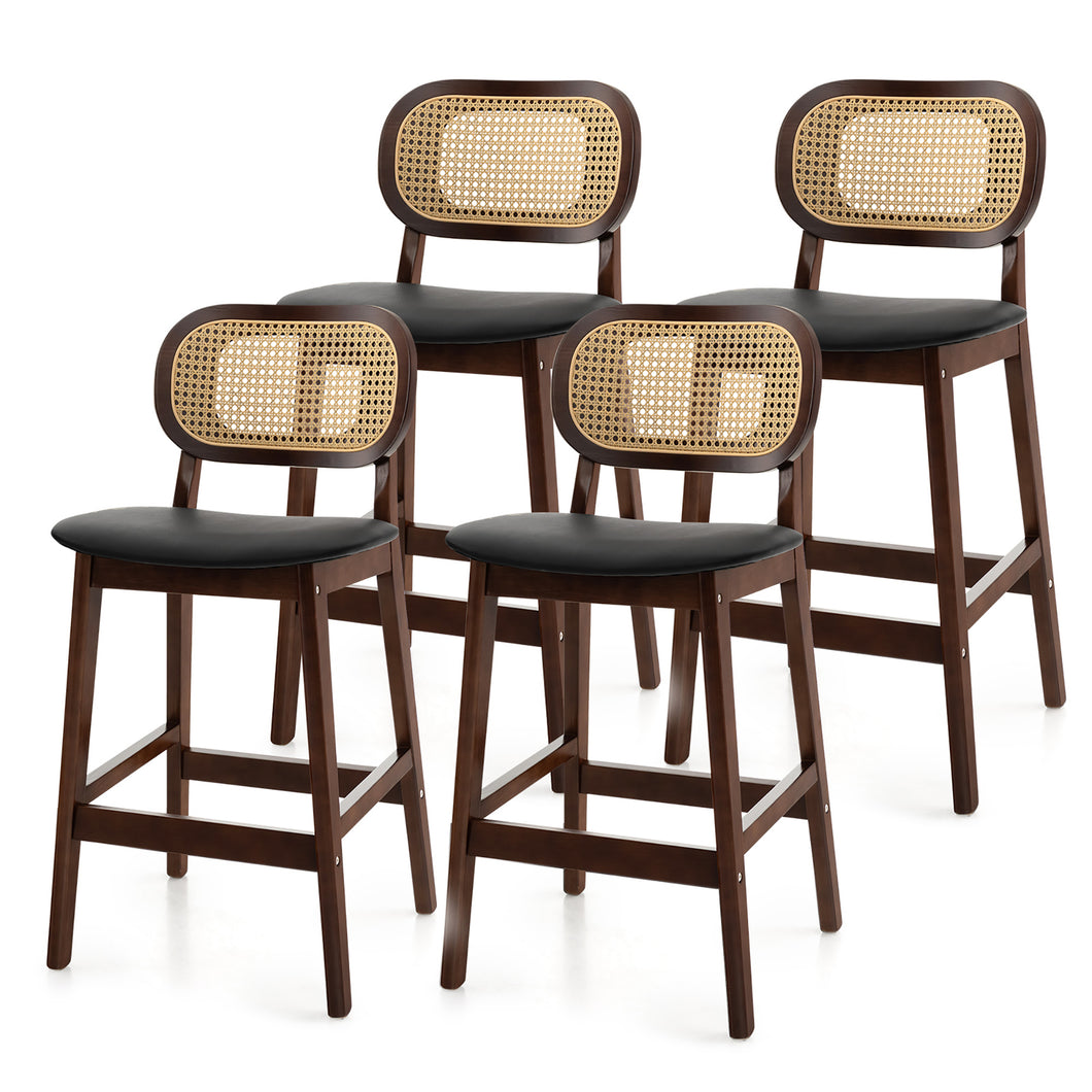 Gymax Bar Stool Set of 4 Wood Bar Chairs PE Rattan Backrest Padded Seat & Footrest