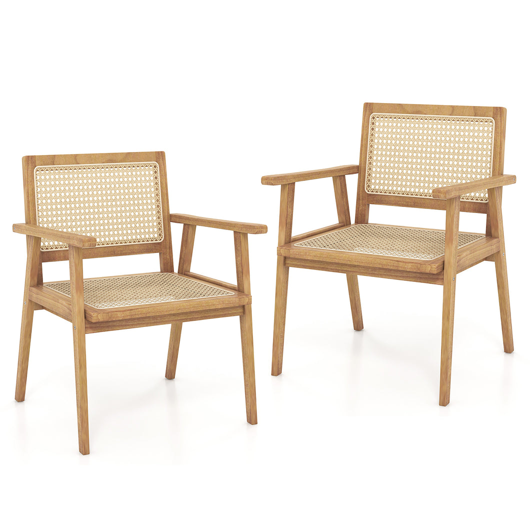 Gymax 2PCS Wood Chair Teak Wood Armchair with  Rattan Seat & Curved Backrest Dining Chair Patio