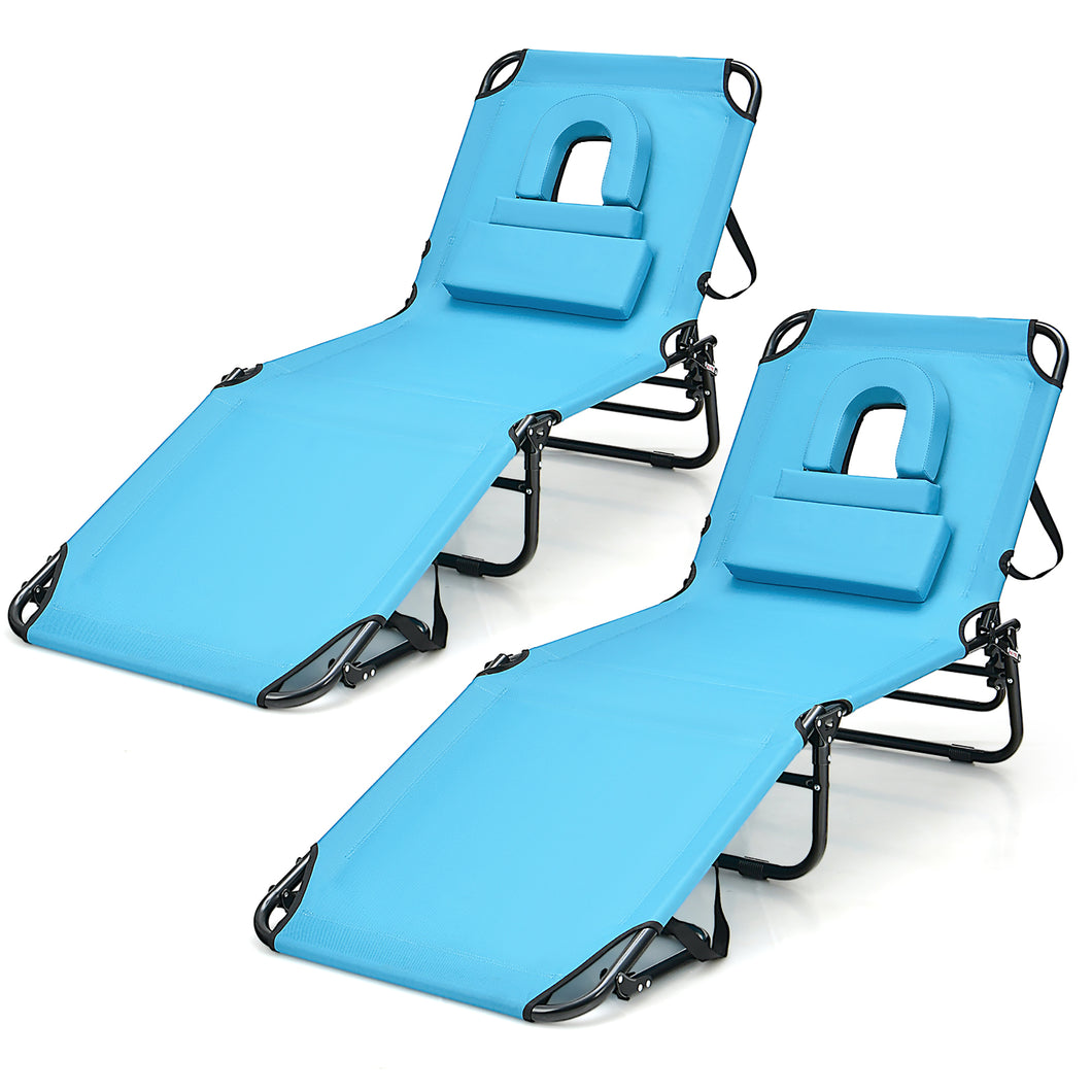 Gymax 2PCS Beach Chaise Lounge Chair with  Face Hole Pillows & Adjustable Backrest