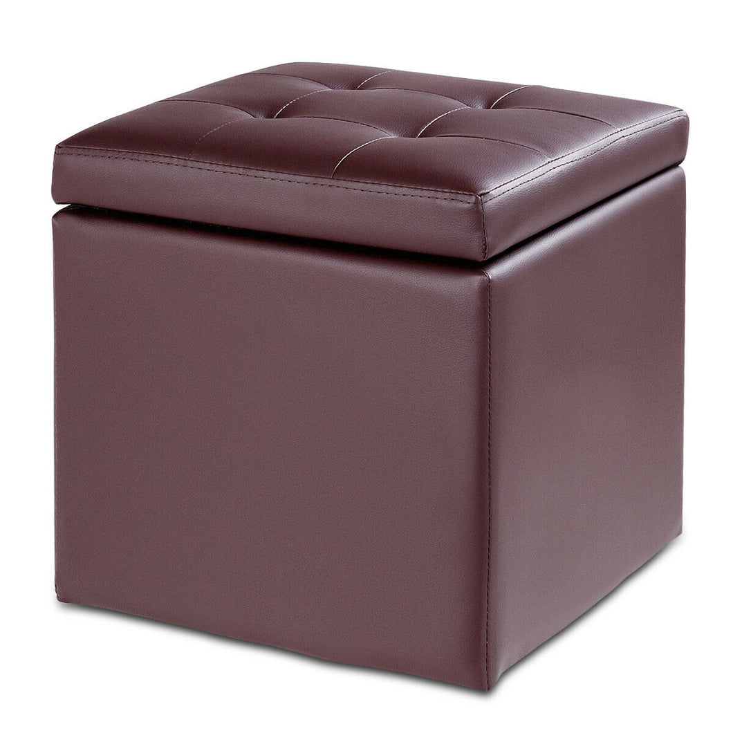 Gymax 16'' Storage Box Ottoman Square Seat Foot Stool Chair Cube Hinge Top Brown
