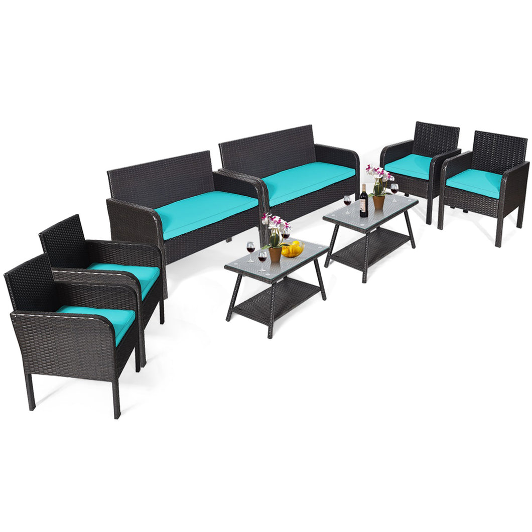 Gymax 8PCS Outdoor Rattan Furniture Set Patio Conversation Set with  Turquoise Cushion