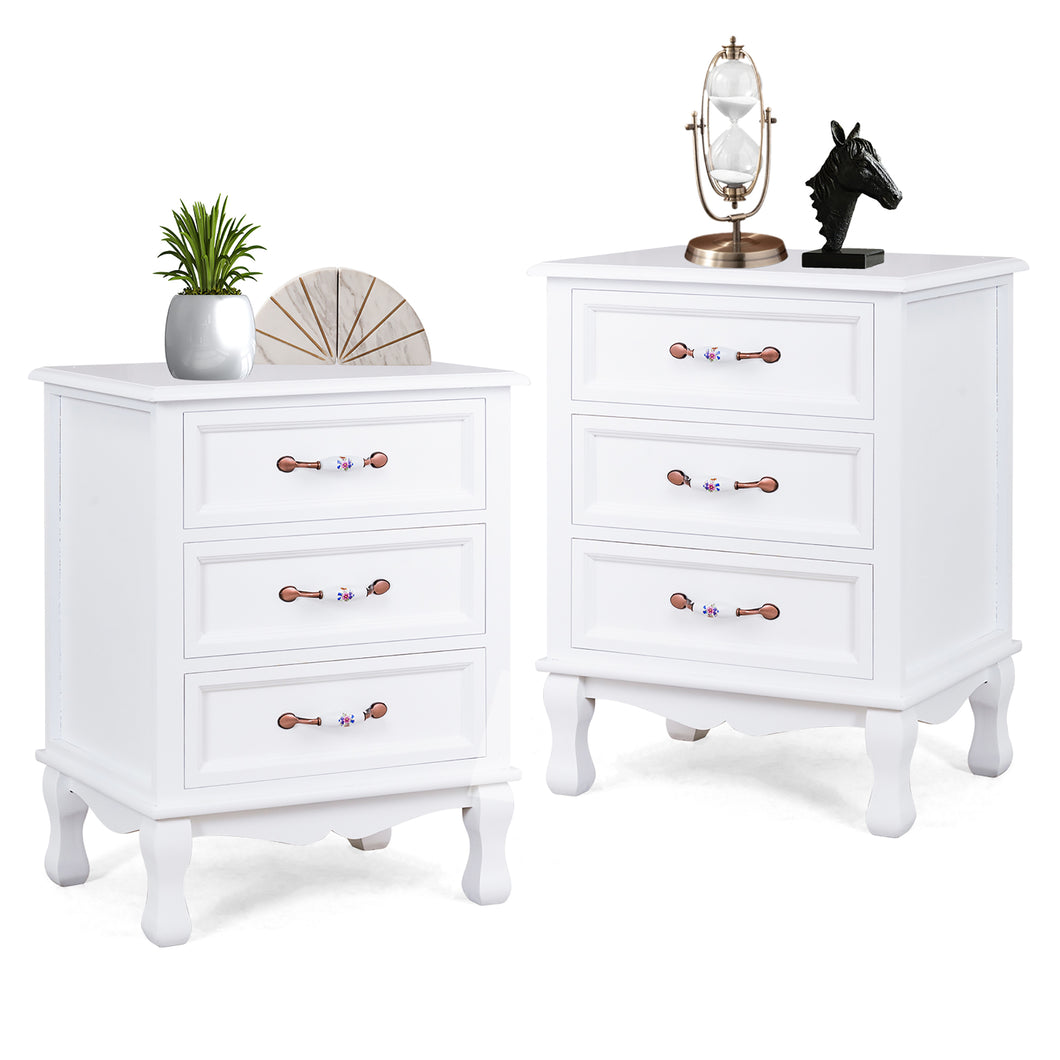 Gymax 2PCS 3 Drawers Nightstand Storage Wood End Table Side Bedside White