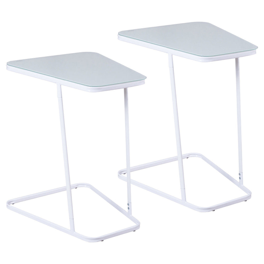 Gymax 2PCS End Table Accent Side Coffee Sofa Table Modern C Shape Glass Steel White